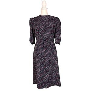 Vintage 80s Floral Midi‎ Dress Women's Short Sleeve Casual Day Secretary Prairie